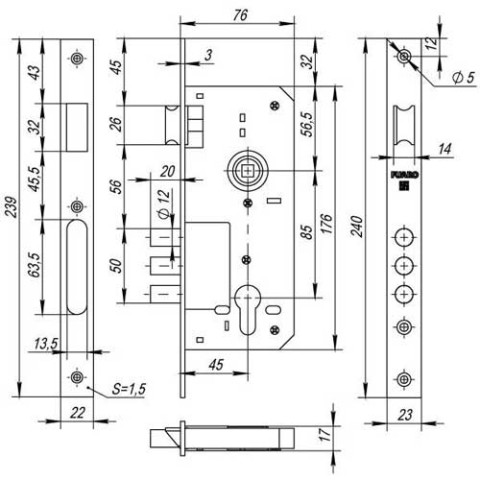 Корпус врізного замка Fuaro 900 3MR/CP, хром