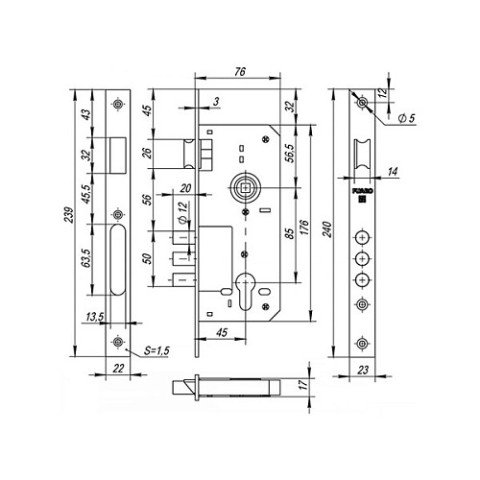 Корпус врізного замка Fuaro 900 3MR/PB, полірована латунь