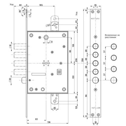 Mottura Art. 52771DM2856 (TSBM) Замок 4-ригельний із засувкою під тяги (без накладок)