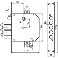 Mottura Art. 89723S5000 Замок 4-ригельний, 5 ключів