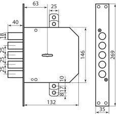 Mottura Art. 50798D5 Замок 5-ригельний, 5 ключів 60 mm накладки хром