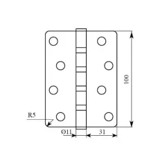 Петля дверна врізна RDA 100×3×2,5 (4 підшипники, сталь) закр. R5 полірована латунь