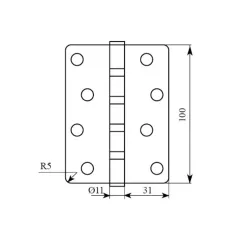 Петля дверна врізна RDA 100×3×2,5 (4 підшипники, сталь) закр. R5 матовий нікель